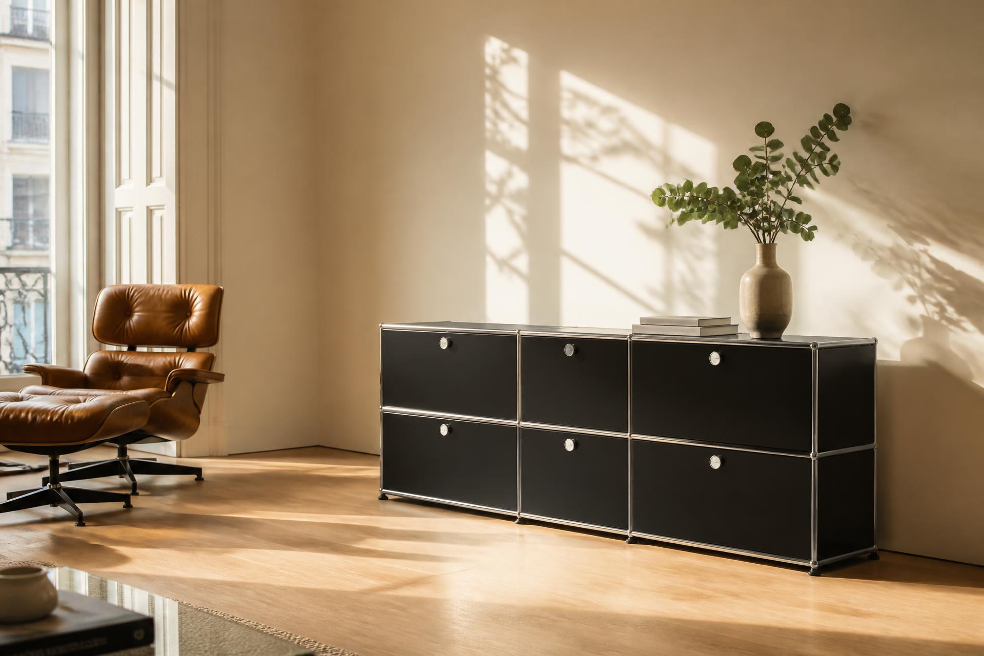 USM Haller Sideboard und Eames Lounge Chair in einem Schweizer Wohnzimmer